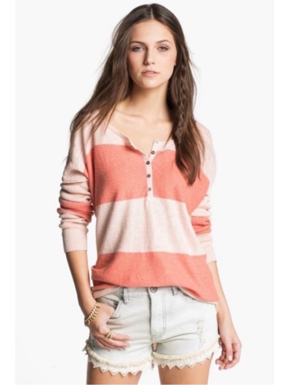 Free People Beach Gold Rush Striped Linen Blend Henley Top Pink Purple Small